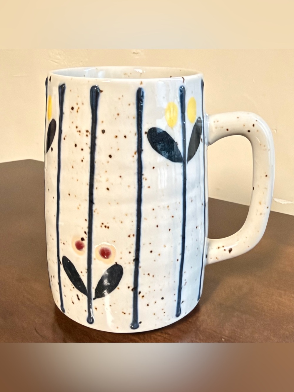 Creative Co-Op Hand Painted Stoneware Blue Stripe Floral Mug Boho 16oz
